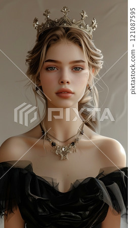 Young female wearing diamond crown and black gown princess 121087595