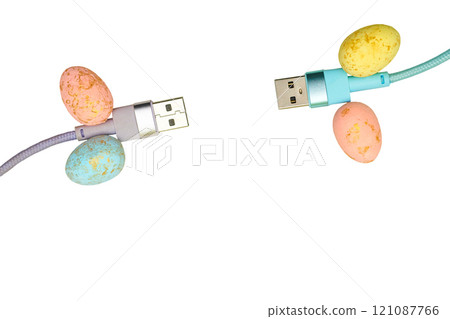 Two gray blue usb cables for connection on white Two gray blue usb cables for connection on white 121087766