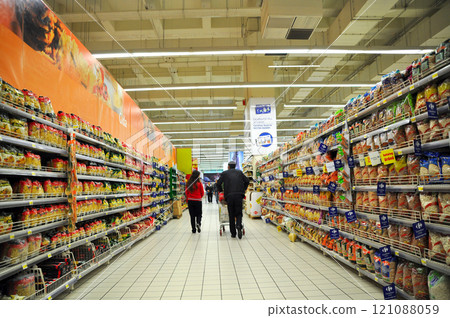 Carrefour supermarket chain, market corridors and products, Maltepe Istanbul Turkey 13 September 2012 121088059