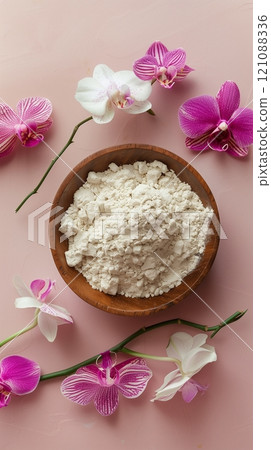 Flat lay extract orchid flower flour organic natural ingredient 121088336