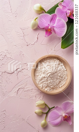 Flat lay extract orchid flower flour organic natural ingredient 121088337