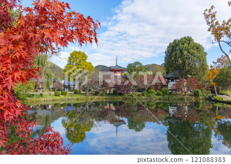 Autumn in Kyoto, Daikakuji Temple, Heart Sutra Pagoda reflected in Hojo Pond 121088383