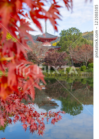 京都的秋天，大覺寺，神橋寶塔倒映在北條池中 121088385