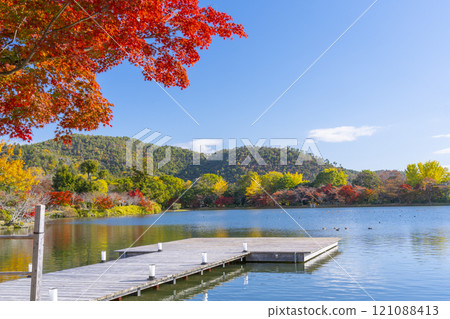 Autumn in Kyoto: Daikakuji Temple - The stage at Osawa Pond surrounded by autumn leaves Autumn in Kyoto: Daikakuji Temple - The stage at Osawa Pond surrounded by autumn leaves 121088413