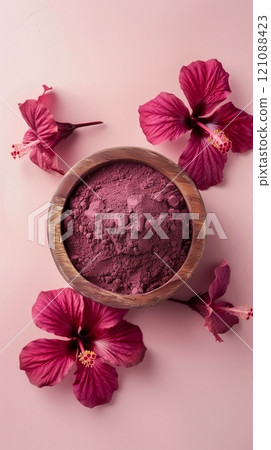 Flat lay extract hibiscus flower organic natural ingredient story background 121088423