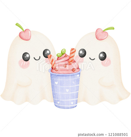Valentine-themed cute ghost couple sharing a pink milkshake topped with whipped cream and hearts, perfect for love and romance. 121088501