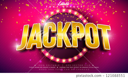 Jackpot 3D Text Effect Design Editable and Scalable Vector Graphic Style Effect with Light Bulb Billboard and Gold Typography Lettering, Falling Confetti on Shiny Yellow Background. Premium Luxury 121088551