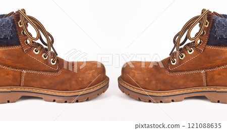 Hiking shoes and a white background, Sturdy hiking boots 121088635