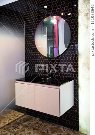 Modern luxury bathroom sink and brown cabinet design 121088646