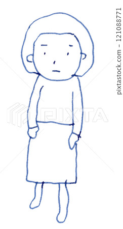 Hand-drawn line drawing of a girl with a bob haircut_Fountain pen blue-black dye ink 121088771