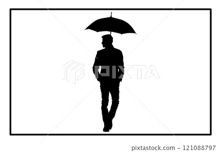 Man with umbrella silhouette art. man walking under the rain storm wind with umbrellas silhouette, Man with umbrella silhouette art. man walking under the rain storm wind with umbrellas silhouette, 121088797