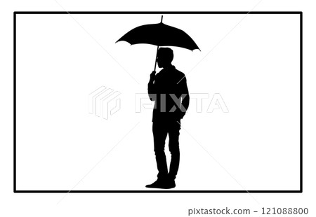 Man with umbrella silhouette art. man walking under the rain storm wind with umbrellas silhouette, 121088800