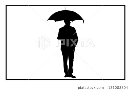 Man with umbrella silhouette art. man walking under the rain storm wind with umbrellas silhouette, Man with umbrella silhouette art. man walking under the rain storm wind with umbrellas silhouette, 121088804