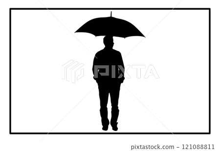 Man with umbrella silhouette art. man walking under the rain storm wind with umbrellas silhouette, 121088811