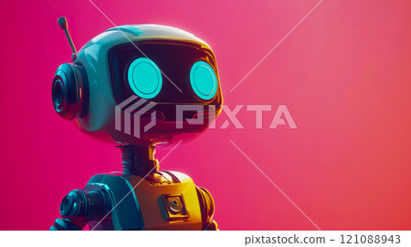 Toy robot assistant on pink background. Robotic technology. Futuristic design. AI technologies, smart retail. Chatgbt and future technologies concept. This is AI-generated item 121088943