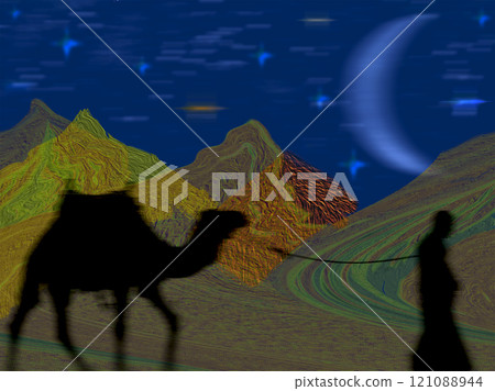 Camel rider, nomad silhouette in dessert. Hills and mountains at night. Starry sky and young moon in skyline. Eastern travel. Mystic concept collage. 121088944