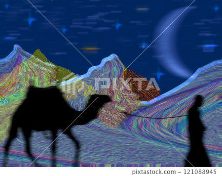 Camel rider, nomad silhouette in dessert. Hills and mountains at night. Starry sky and young moon in skyline. Eastern travel. Mystic concept collage.  121088945