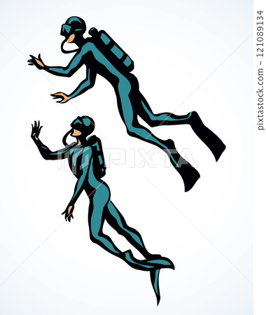 Scuba diver underwater. Vector drawing 121089134