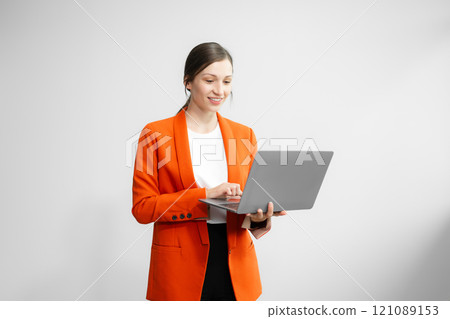 Young fun successful employee business woman corporate wear work area mock up isolated on plain white background Young fun successful employee business woman corporate wear work area mock up isolated on plain white background 121089153
