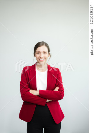Portrait photo of young beautiful woman feeling happy and holding smart phone, tablet and laptop with black empty screen on white background can use for advertising or product presenting concept. 121089154