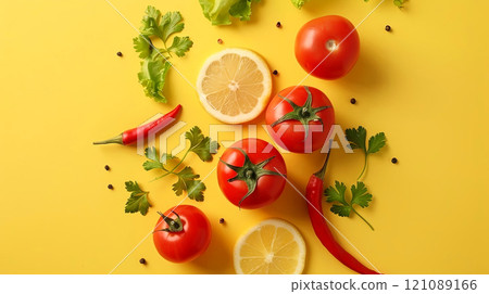 Fresh and vibrant flatlay of tomatoes, lemon slices, chilies, and parsley on a sunny yellow background 121089166