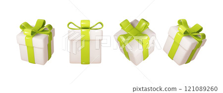 Christmas box with green ribbon in different projections isolated. Realistic vector Festive, holiday, Christmas 3d present. 121089260