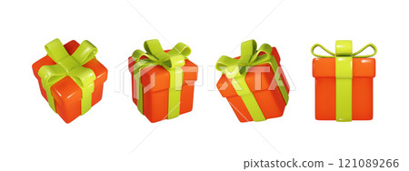 Christmas box red with green ribbon in different projections isolated. Realistic vector Festive, holiday, Christmas 3d present. 121089266