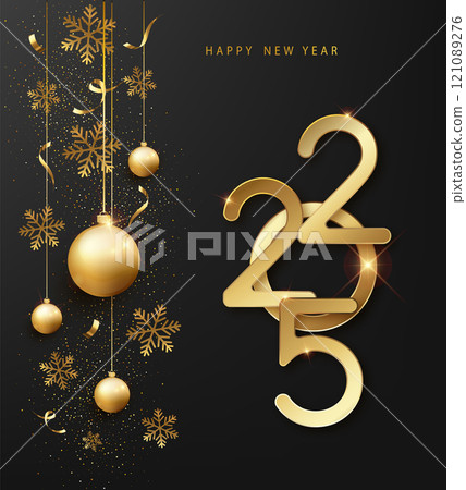 2025 Happy New Year greeting card or banner template with shining snowflake and confetti on black background. 2025 Happy New Year greeting card or banner template with shining snowflake and confetti on black background. 121089276