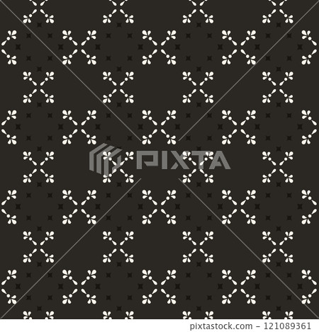 Simple minimalist floral pattern. Minimal seamless texture with small flower shapes. Abstract black and white geometric background. For print, package 121089361