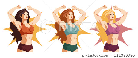 Vector clip arts set of women bodybuilder in retro poster style. Strong muscular woman. Collection with a sporty women in pop art style. Vector clip arts set of women bodybuilder in retro poster style. Strong muscular woman. Collection with a sporty women in pop art style. 121089380