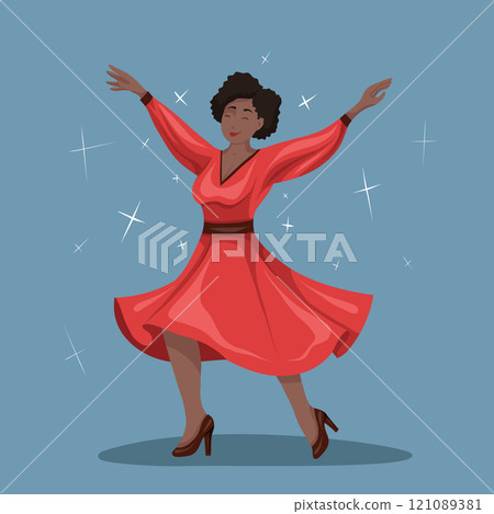 Vector illustration of happy dancing African woman in red dress. Professional salsa dancer. Active lifestyle. Vector illustration of happy dancing African woman in red dress. Professional salsa dancer. Active lifestyle. 121089381