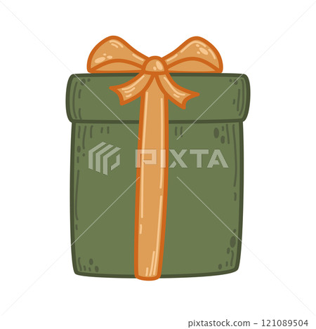 Tall green gift box with an elegant orange bow and ribbon details. For woodland-themed events, birthdays, or seasonal designs. Minimalist design suited for festive or eco-friendly holiday graphics 121089504