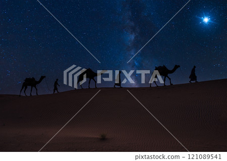Three Wise Men, Three Kings follow Bethlehem star in the night 121089541