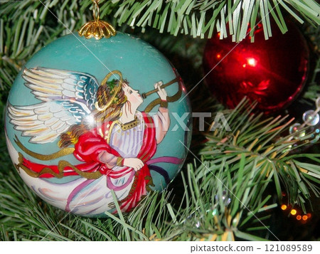 Christmas Tree with Ornaments and Holiday Lights 121089589