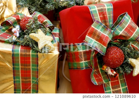 Tartan Christmas Ornament with Green and Red Plaid Pattern 121089610