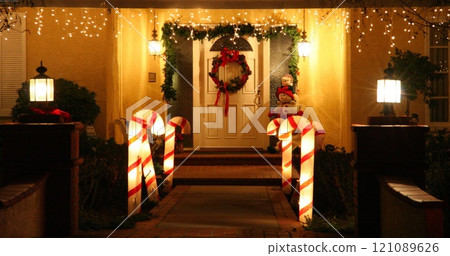 House Entrance Christmas Decoration with Orange Ornament House Entrance Christmas Decoration with Orange Ornament 121089626