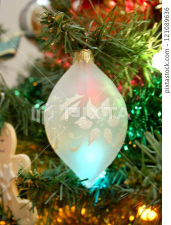 Christmas Tree Decorated with Ornaments and Lights Christmas Tree Decorated with Ornaments and Lights 121089636