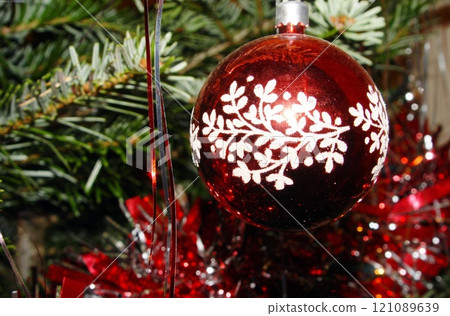 Christmas Tree with Ornaments and Lights 121089639
