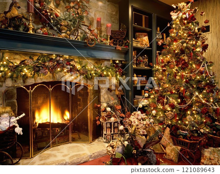 Christmas Tree Decorated with Ornaments and Lights in Interior Setting Christmas Tree Decorated with Ornaments and Lights in Interior Setting 121089643