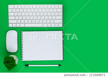 On the left of the photo there is a white English computer keyboard, an office green plant and a white computer mouse, a white notebook with a black spring and a white pencil with a black lead and a 121089671