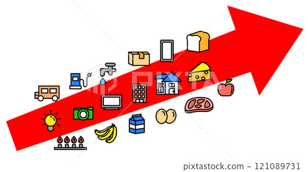 Set of illustrations of products that will increase in price due to price rise and diagonally rising arrow vector, set, icon, price increase, 121089731