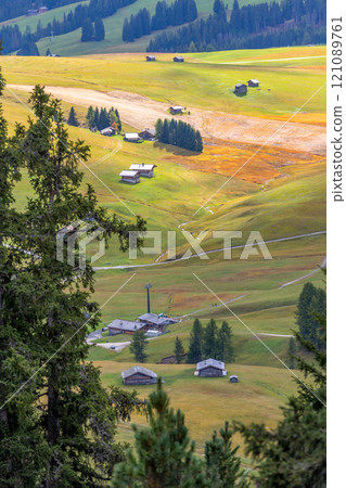 Alpe di Siusi, Italy aerial panorama, Dolomites 121089761