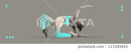 Banner. Contemporary art collage. Artistic stretch pose with turquoise highlights on activewear, blending strength, flexibility, and modern style. Banner. Contemporary art collage. Artistic stretch pose with turquoise highlights on activewear, blending strength, flexibility, and modern style. 121089842
