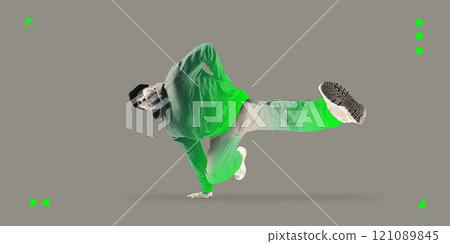Contemporary art collage. Breakdancer in athletic pose with neon green highlights on hoodie and pants, highlighting urban culture and agility. 121089845