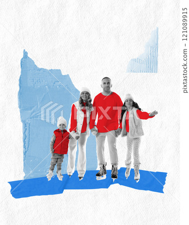 Contemporary art collage. Family of four enjoying ice skating, dressed in red and white winter outfits, standing on abstract blue background. 121089915