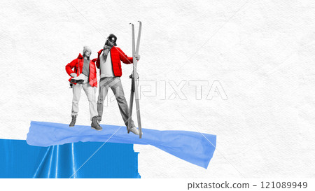 Contemporary art collage. Cheerful couple dressed in red jackets holding skis, posing on snowy ridge with abstract blue tape background. Contemporary art collage. Cheerful couple dressed in red jackets holding skis, posing on snowy ridge with abstract blue tape background. 121089949