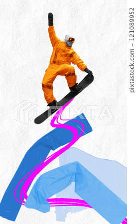 Contemporary art collage. Snowboarder in orange attire on board on snowy ridge. Abstract blue accents create modern and creative backdrop. Contemporary art collage. Snowboarder in orange attire on board on snowy ridge. Abstract blue accents create modern and creative backdrop. 121089952