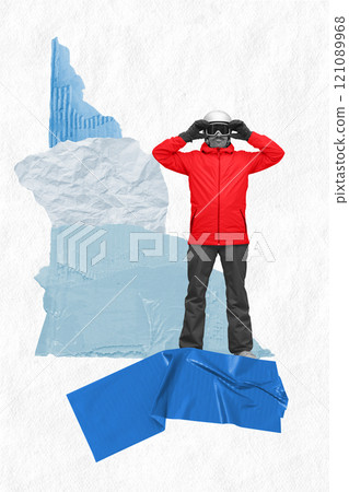 Contemporary art collage. Snowboarder in red jacket, posing confidently with goggles and gloves against abstract background with paper and tape textures. 121089968