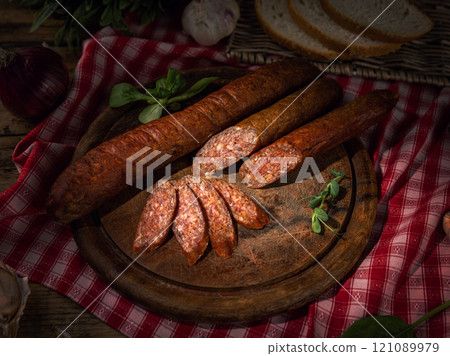 Sliced sausage on wooden board 121089979