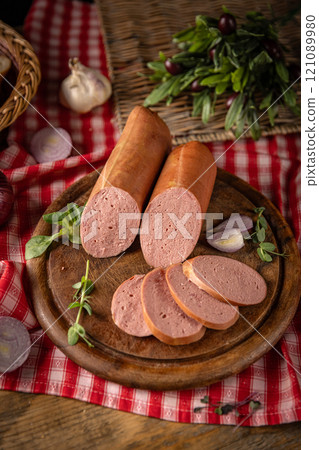 Savory sausages, is presented sliced 121089980